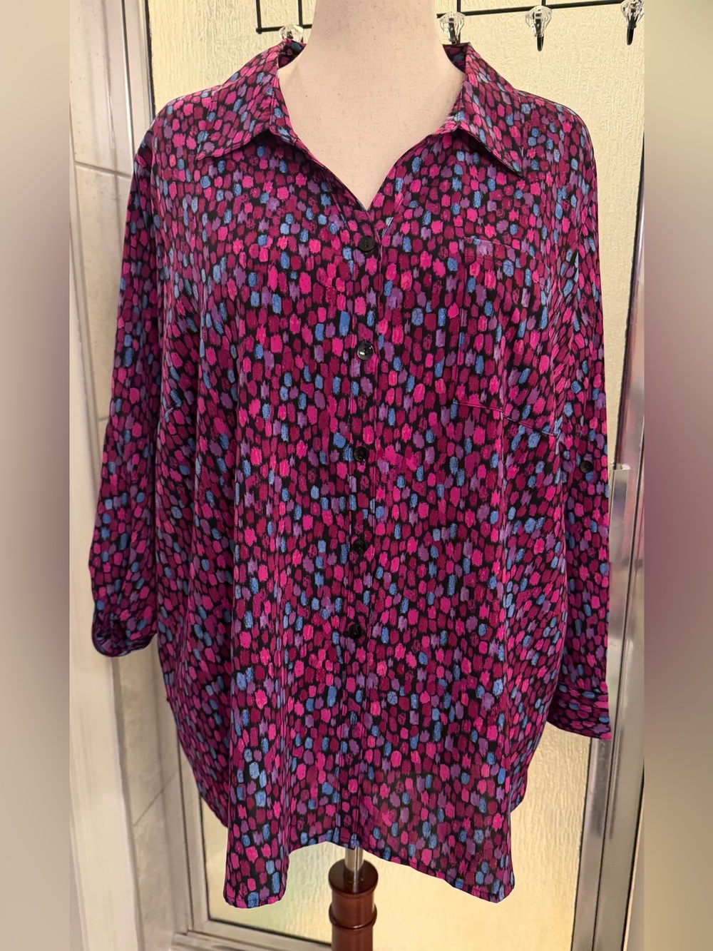 Catherines Pink & Blue Printed Button-Down Blouse 2XWP $25 BNWT